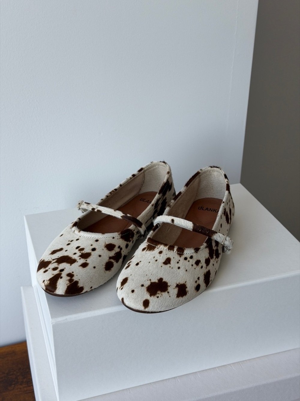 ULANKA Mary Jane Flats Cow Print